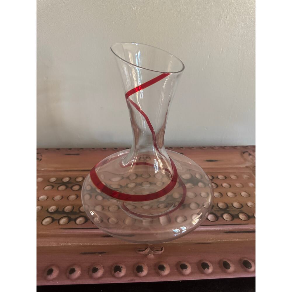 Pier 1 Swirline Red Hand Blown Glass Decanter Carafe 9.75” Clear w/ Red Spiral